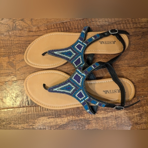 JUST Fab beaded sandals, blue, white& purple, woman's SZ11 New! - Picture 6 of 7